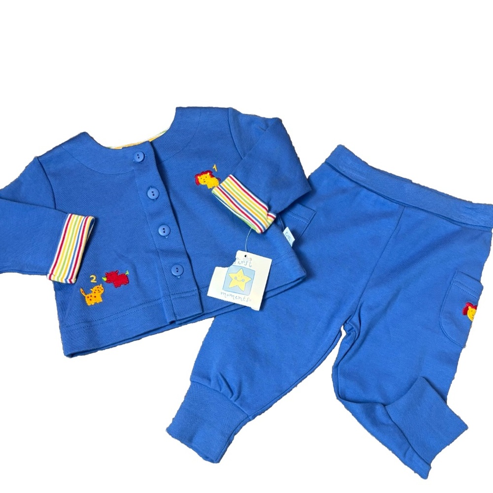 NEW first moments baby boy y2k animals cardigan and pants 3/6 mo deadstock